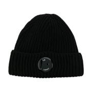 Zwarte Wol Ribgebreide Beanie met Enkele Lens Detail C.p. Company , Bl...