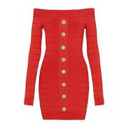 Gebreide jurk met off-shoulder en ribdetails Balmain , Red , Dames