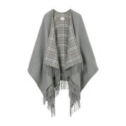 Grijze Wollen Geruite Cape Jas met Franje Burberry , Gray , Dames