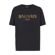 Zwart Katoenen Jersey T-shirt met Logo Balmain , Black , Heren