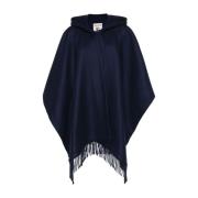 Blauwe Wol Jane Cape met Franje Semicouture , Blue , Dames