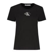 Korte Mouw Logo Geborduurd T-Shirt Zwart Calvin Klein , Black , Dames