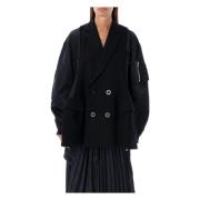 Zwarte Melton Hybrid Jas Buitenkleding Sacai , Black , Dames