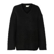 Zwart Diep Gebreide Trui Sweater Kaffe , Black , Dames