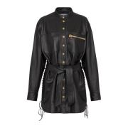 Leren overshirt met vetersluiting details Balmain , Black , Dames