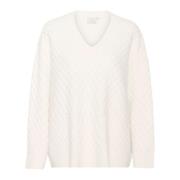 Gebreide Trui met V-Hals Patroon Kaffe , White , Dames