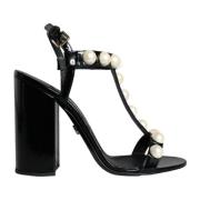 Zwarte leren T-strap sandalen met parels Dolce & Gabbana , Black , Dam...