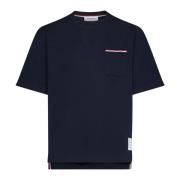 Navy Blue Striped Detail Cotton T-Shirt Thom Browne , Blue , Heren