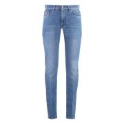 Slim Fit Jeans met Leren Logo Versace , Blue , Heren