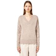 Alpaca Wol V-hals Trui met Kant Alpha Studio , Beige , Dames