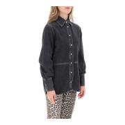 Denim Shirt met Strass en Vloeiende Pasvorm Ganni , Black , Dames