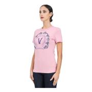 Roze T-shirt met korte mouwen en V-embleem Versace Jeans Couture , Pin...