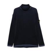 Blauwe Ribgebreide Coltrui Sweater Stone Island , Blue , Heren