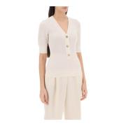 Gebreide V-hals top met korte mouwen Closed , White , Dames