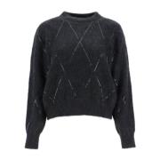 Diamantgeborduurde Crew Neck Sweater Brunello Cucinelli , Black , Dame...