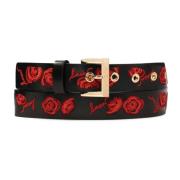 Zwarte leren riem geborduurd met rode rozen Kazar , Black , Dames