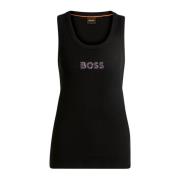 Geribbelde katoenen hemdje met Stonebadge Hugo Boss , Black , Dames