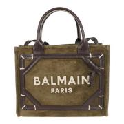 Suède Leren Shopper Tas met Logo Balmain , Green , Dames