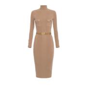 Kameel Gebreide Midi Jurk met Hoge Hals Elisabetta Franchi , Brown , D...