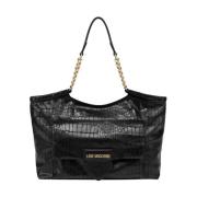 Zwarte Croco Shopper Tas met Gouden Logo Love Moschino , Black , Dames