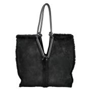 Schapenvacht Tote Tas met Leren Details Bottega Veneta , Black , Dames