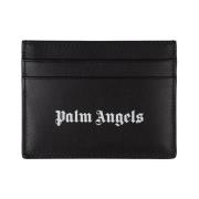 Zwarte leren kaarthouder met logo Palm Angels , Black , Heren