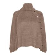 Taupe Gray Gebreide Poncho met Knopen Cream , Gray , Dames