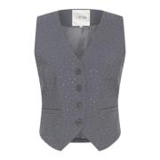 Grijze Melange Vest met Similisten Details Cream , Gray , Dames