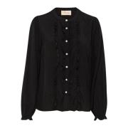 Pitch Black Blouse met Ruches Cream , Black , Dames