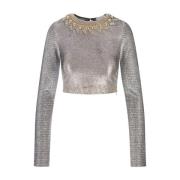 Zilveren Lamé Crop Top met Gouden Studs Paco Rabanne , Gray , Dames