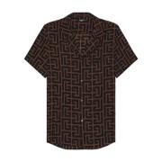 Monogram Print SS Overhemd Donkerbruin/Zwart Balmain , Brown , Heren