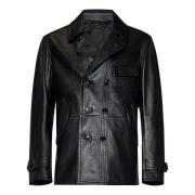 Zwarte Leren Double-Breasted Jas Tom Ford , Black , Heren