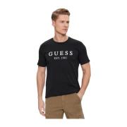 Stretch katoenen T-shirt - Zwart Ronde hals Korte mouw Guess , Black ,...