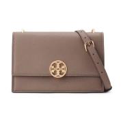 Gehamerd Leren Schoudertas met Goudkleurig Logo Tory Burch , Brown , D...