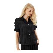 Zwarte Linda Shirt Blouse Korte Mouw IN Front , Black , Dames