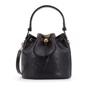 Monogram Leren Bucket Bag met Trekkoord Tory Burch , Black , Dames