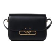 Zwarte leren schoudertas met metalen logogesp Emporio Armani , Black ,...