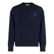 Fox Front Wolmix Crew-neck Sweater Maison Kitsuné , Blue , Heren