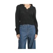 Mohair Crop Sweater met Kant Details Pink Memories , Black , Dames