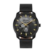 Zwarte Leren Herenhorloge van Roestvrij Staal Police , Black , Heren