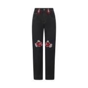 Zwarte Rechte Pijp Bloemen Geborduurde Jeans Molly Goddard , Black , D...