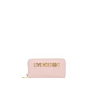 Roze Leren Portemonnee met Gouden Logo Moschino , Pink , Dames