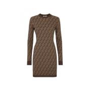 Korte Jacquard Katoenen Jurk met FF Motief Fendi , Brown , Dames