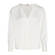 V-hals Viscose Blouse met Contrastbies Tommy Hilfiger , White , Dames