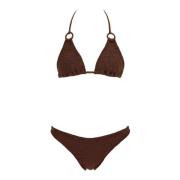 Gerimpeld Driehoek Bikini Set met Ringen Hunza G , Brown , Dames