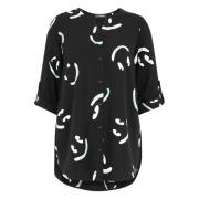 Smiley Print Lange Blouse met Groene Accents Doris S , Black , Dames