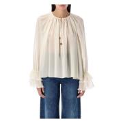 Witte Zijden V-Hals Gerimpelde Top Chloé , Beige , Dames