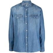 Blauwe Denim Knoopsluiting Shirt Brunello Cucinelli , Blue , Heren