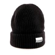 Warm Wolmengsel Beanie Hoed Ganni , Black , Unisex