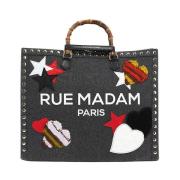 Denim Zwarte Tote met Handgeweven Wol Patches Rue Madam , Black , Dame...